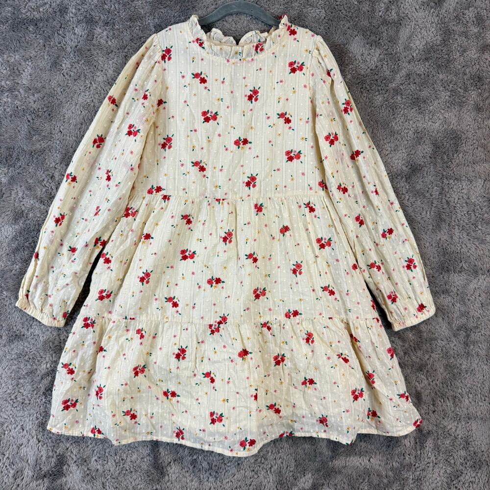 Cat & Jack Dress Muslin Tiered Long Sleeve Floral Metallic Stripe Girls L 10 12